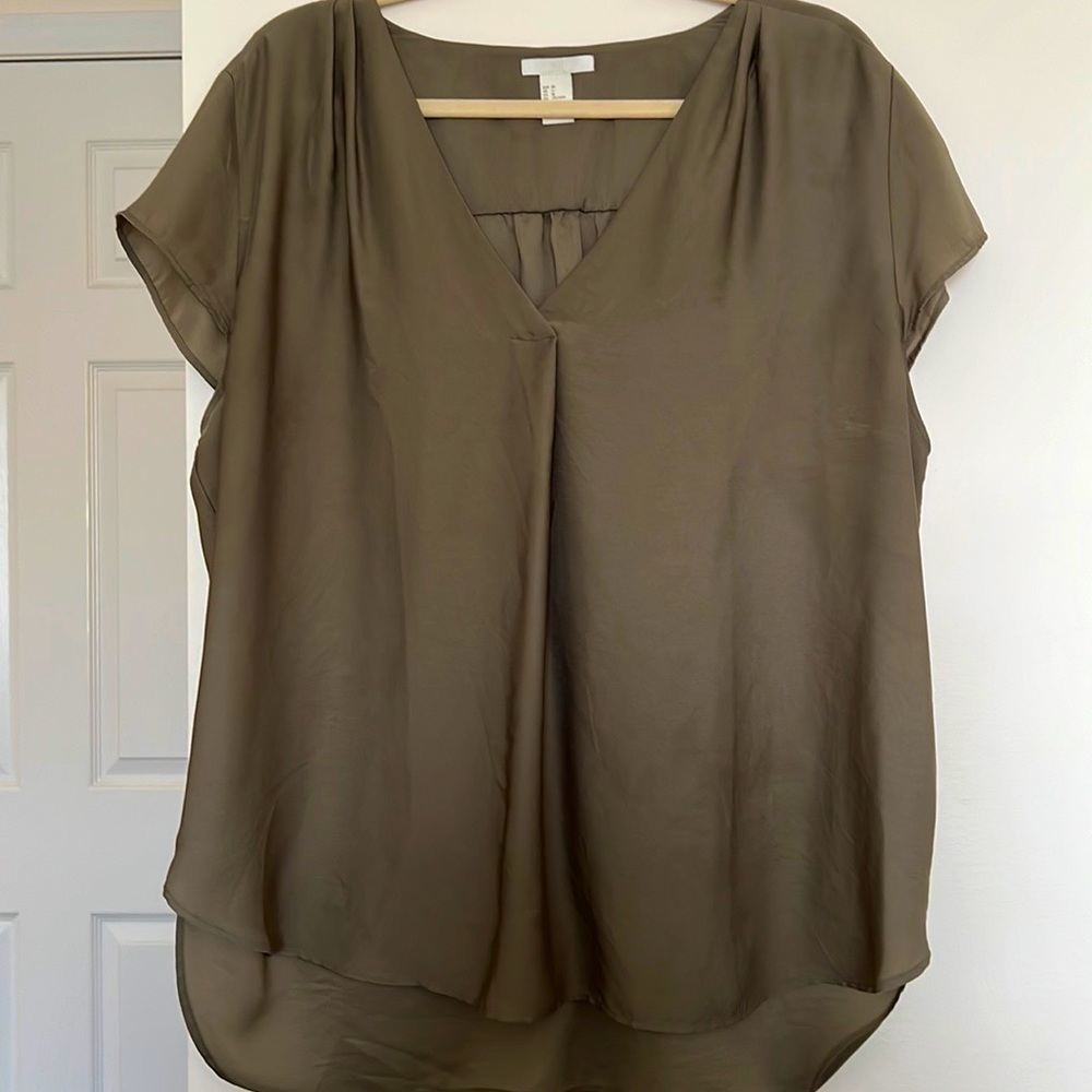 H&M - Short Sleeve Khaki Green Satin Blouse
